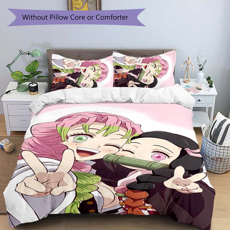 3pcs Demon Slayer characters pattern bedding set duvet cover set includes duvet cover &pillowcases, perfect all season bedroom decoration & gift