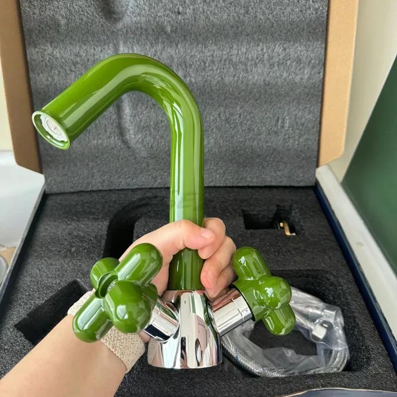 Candy Colored Washbasin Faucet All Copper Hot and Cold Basin Bathroom Counter Bottom Basin Integrated Double Hole Faucet