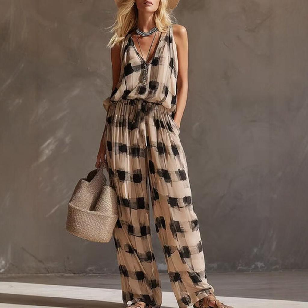 New European and American style sleeveless V-neck plaid wide-leg pants suit women's summer casual fashion cover