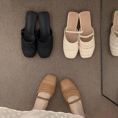 Ретро коричневые плетеные полутапочки на плоской подошве, женская уличная обувь, весенне-летние тапочки с закрытым носком