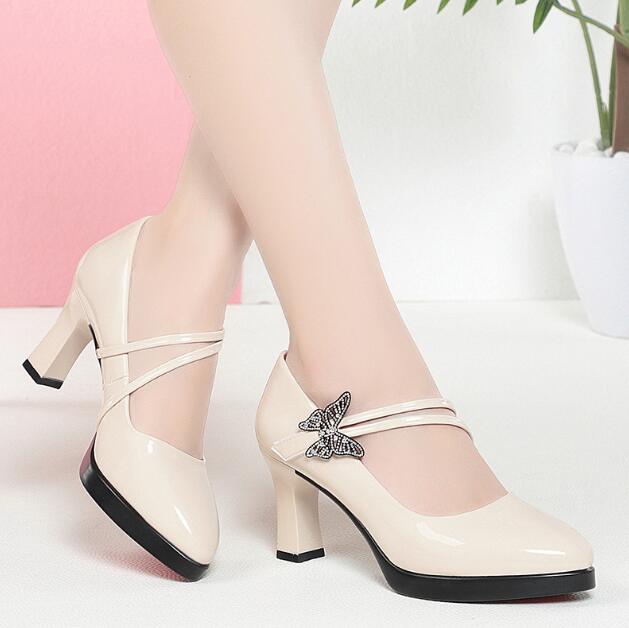 Fashion Brand Shoes Thick Heel Ladies Pumps Patent Leather Pointed Toe Women's Shoes Spring Autumn Fashion Party Office Lady Shoes