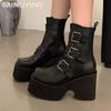Женские ботильоны на платформе с квадратным носком, дизайнерские туфли с пряжкой, тренд 2024 года, зимние туфли-лодочки, мотоциклетные ботинки в готическом стиле