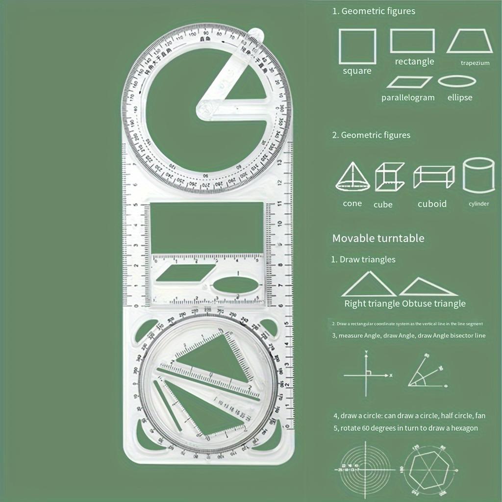 1pc Math Multi-functional Drawing Ruler, Geometric Ruler Function Ruler Triangular Ruler Protractor