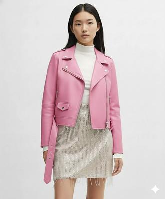 Женская стильная розовая кожаная мотоциклетная куртка ручной работы из натуральной овчины