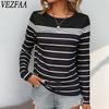 VEZFAA Женская мода Повседневная Весна Осень Полосатый Принт Длинные Рукава О-Образный Вырез Блузки и Рубашки