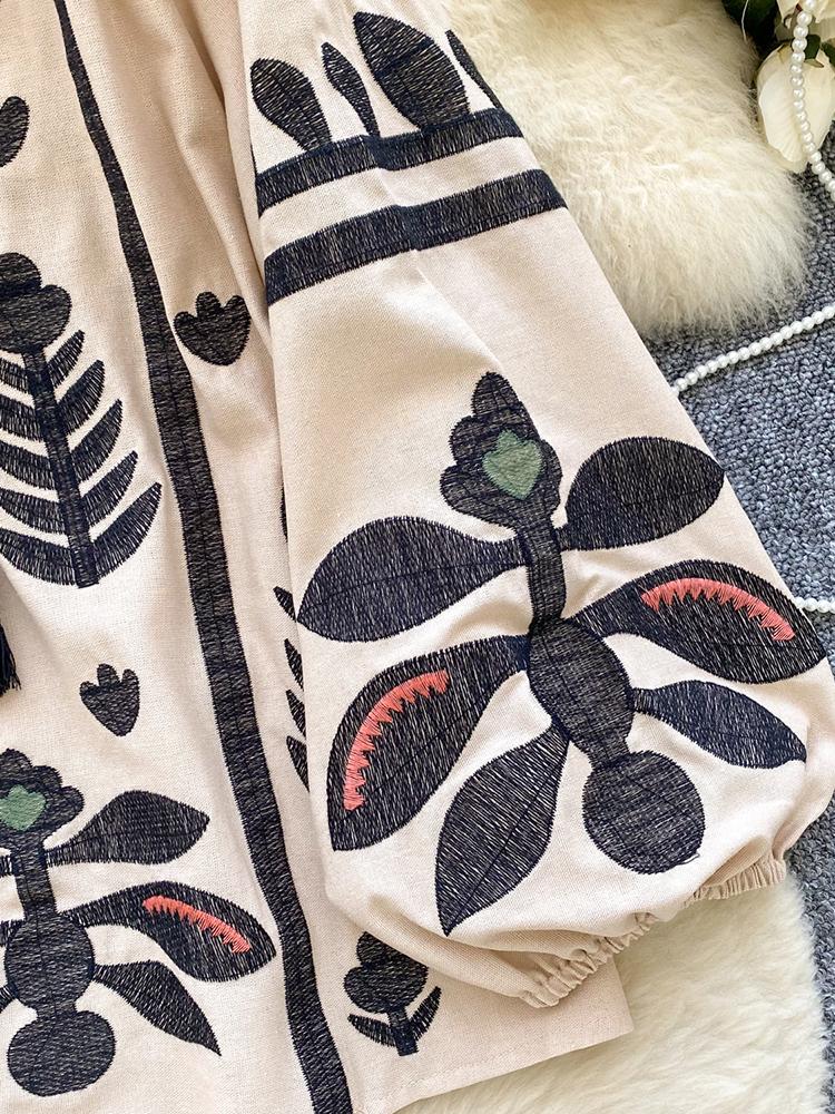 Весна Осень Новая Винтажная Рубашка с Рукавами-Фонариками Женская Вышитая Круглый Вырез Ремешок Свободная Повседневная Блузка Топ