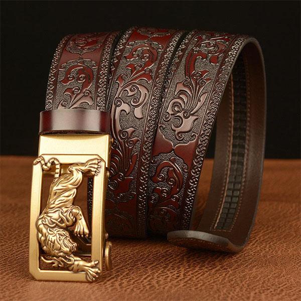 High Guality Male Belt Genuine Leather Belt for Men Carving Flower Pattern Animal Tiger Gold Automatic Buckle Belt Strap for Jeans