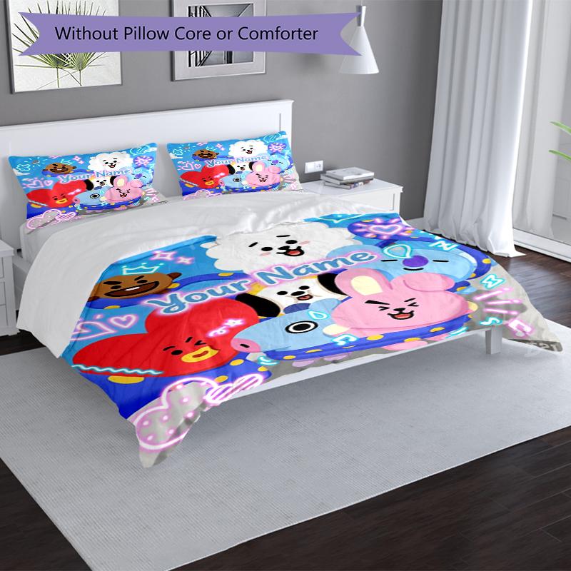 BT21 Fun Custom Name Text Print 1Pc Bedding Set Duvet Cover With Two Pillowcases Soft Bed Linen For Household Bedroom
