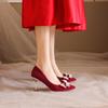 Fashion Sexy Red Velvet Wedding Shoes for Women 2024 Luxury Pearl Bowknot Pointed Toe Pumps Woman Stiletto High Heels Dress Shoes
