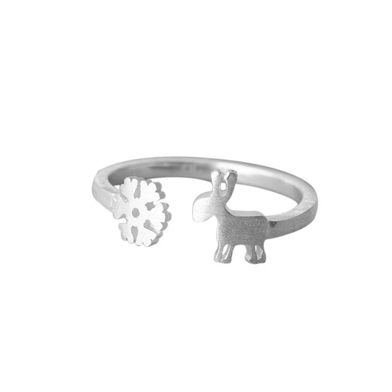 Korean Snowflake Deer Open Ring: Silver Plated, Creative Design for Christmas & New Year Gift