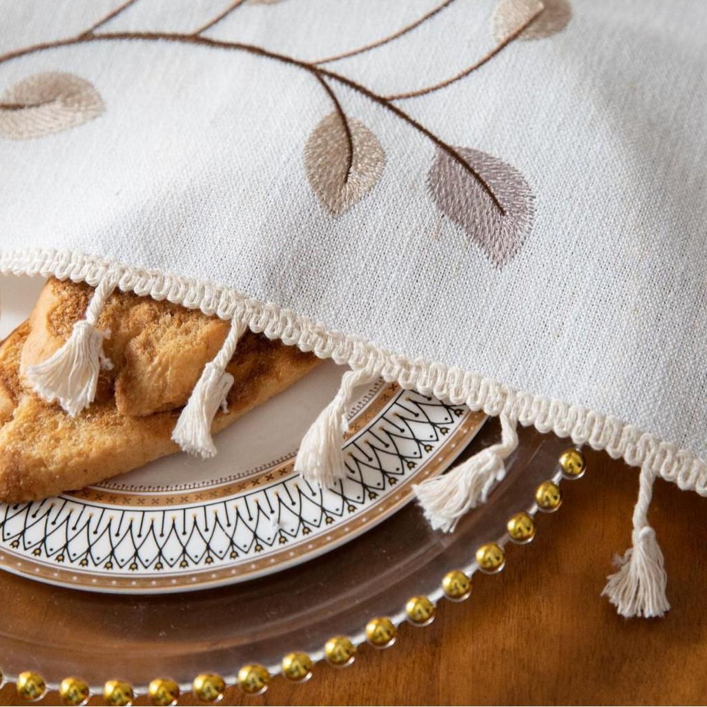 Jiexin European Style Embroidered Tablecloth - Coffee Leaves Design for Home Decor