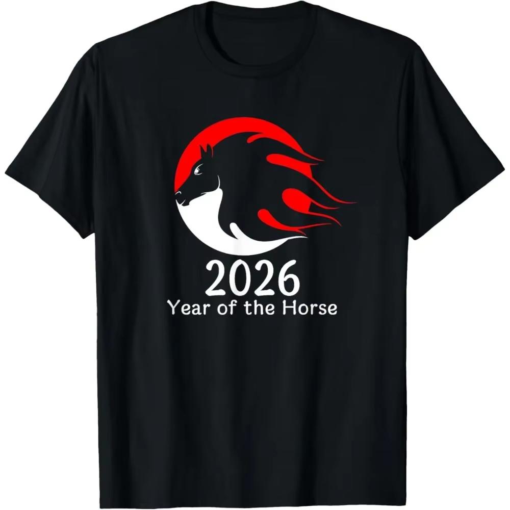 Year of The Horse 2026 Summer Mens Letter Horse Printed Round Neck Tshirt Street Neutral Casual 100 Cotton Soft Short Sleeve