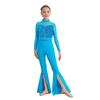 Bell-Bottom Jumpsuit for Girls: Mock Neck Long Sleeve with Sequins Bodice, Sheer Mesh & Back Cutout for Competition