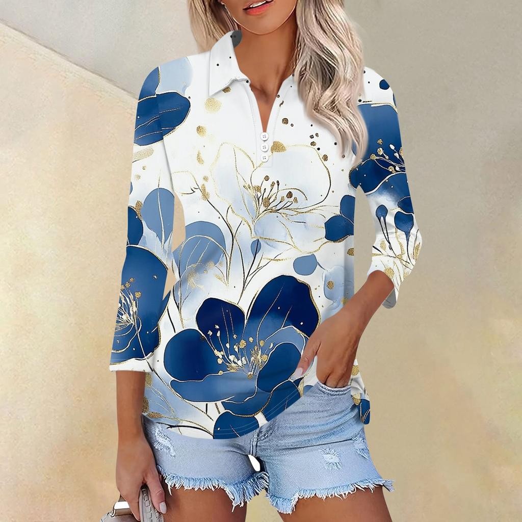 Женская модная повседневная рубашка с отворотом и рукавом 3/4, женские топы на пуговицах