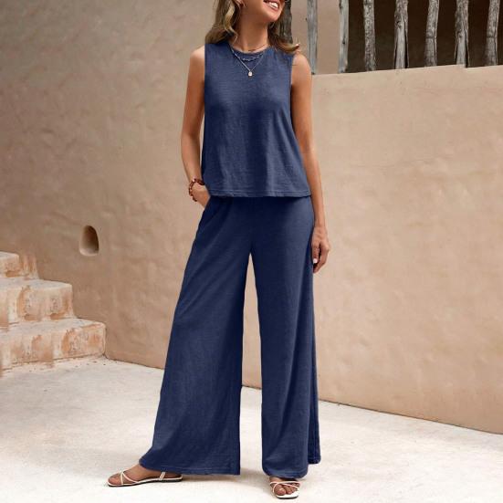 Женский комплект из 2 предметов: жилет, брюки, круглый вырез, без рукавов, однотонный топ, высокая талия, широкие брюки, повседневный наряд для отпуска, летняя пляжная одежда