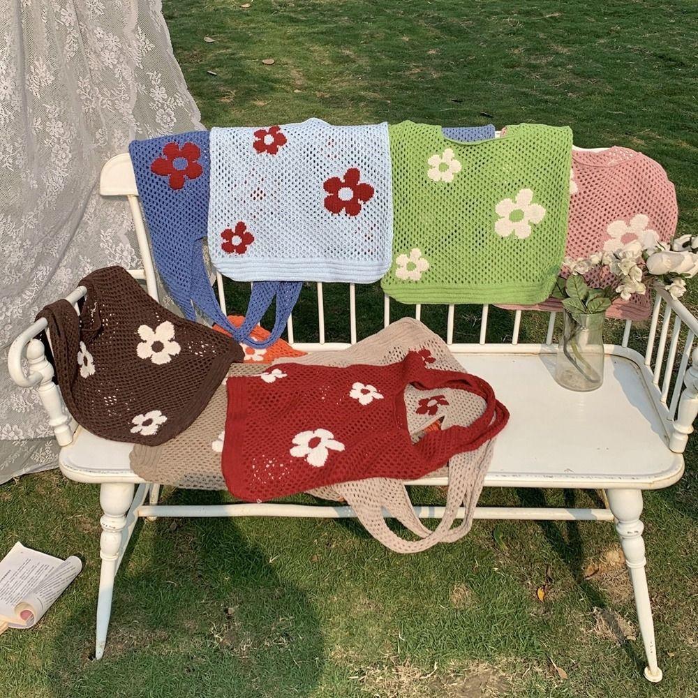 Crochet Flower Ethnic Style Mesh Hollowed-out Shoulder Bag Tote Bag Women Handbag Woven Knitted Bag