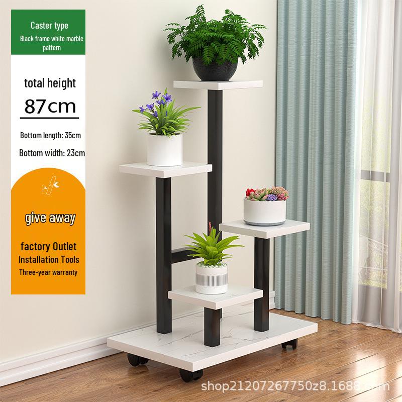 Multi-Layer Wrought Iron Flower Stand with Wheels: Movable Floor-Standing Rack for Living Room or Balcony