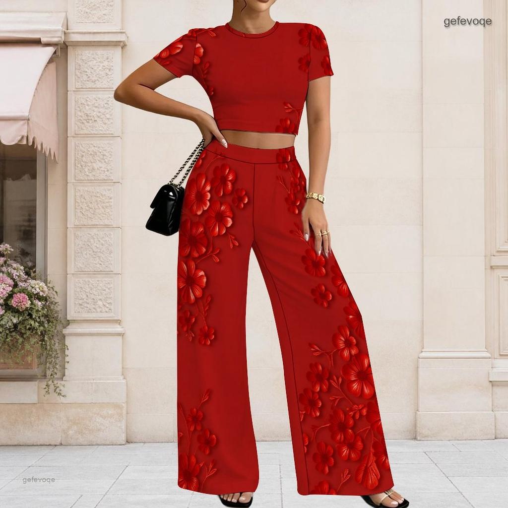 Women Plus Size Round Neck Short Sleeve Printed Crop Top Wide Leg Pants Two Piece Set