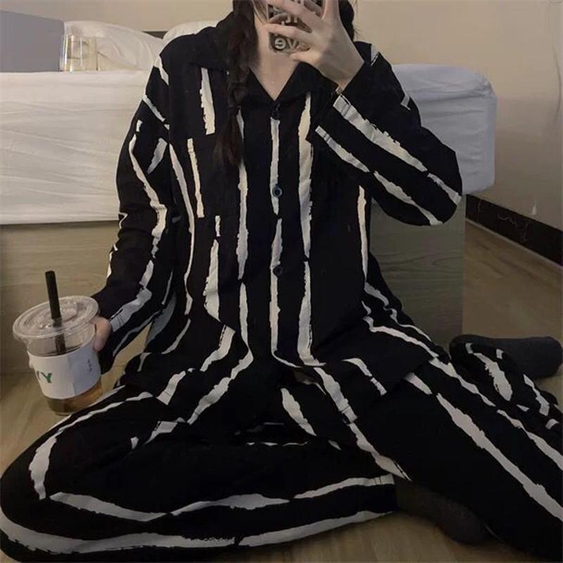 Полосатый летний кардиган пижама женская черная с длинными рукавами Senior Sense of из двух частей домашняя одежда