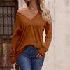 Women's Autumn/Winter Solid Color V-neck Loose Long Sleeved T-shirt Button Top