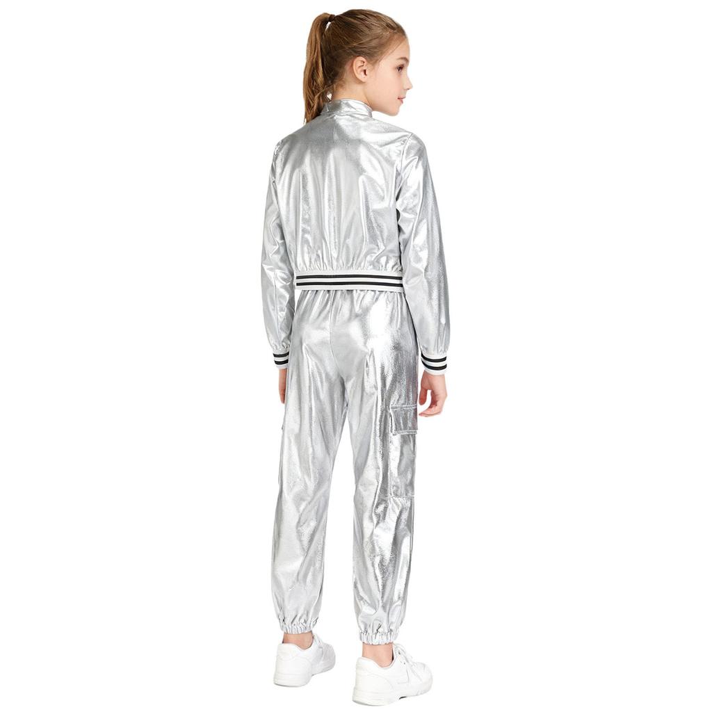 Девочки Металлический Танцевальный Костюм Куртка с Длинным Рукавом Стойка Воротник Детали на Молнии Хип-Хоп Джаз Выступление Брюки