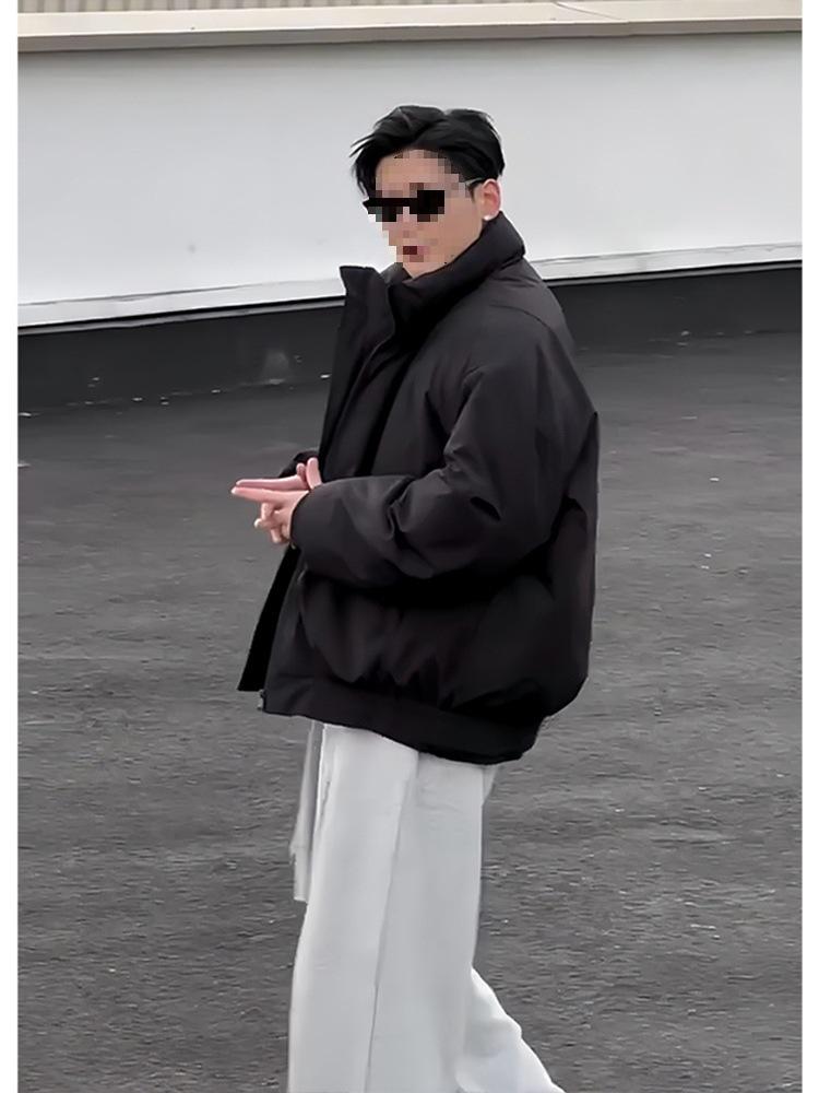 Men's American Rebellious Black Bomber Down Coat - Loose Fit Short Workwear Jacket