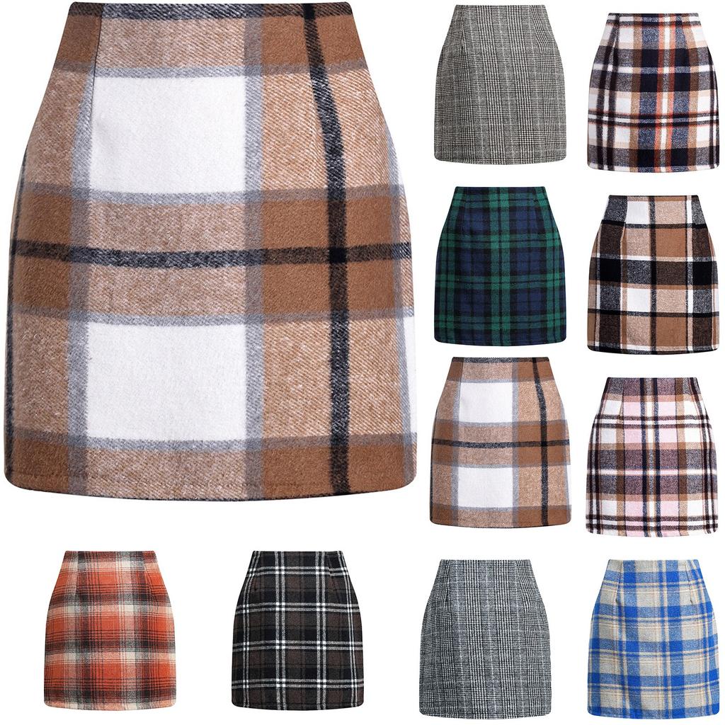 Women's High Waist Plaid Skirt Skinny Pencil Wool Skirt