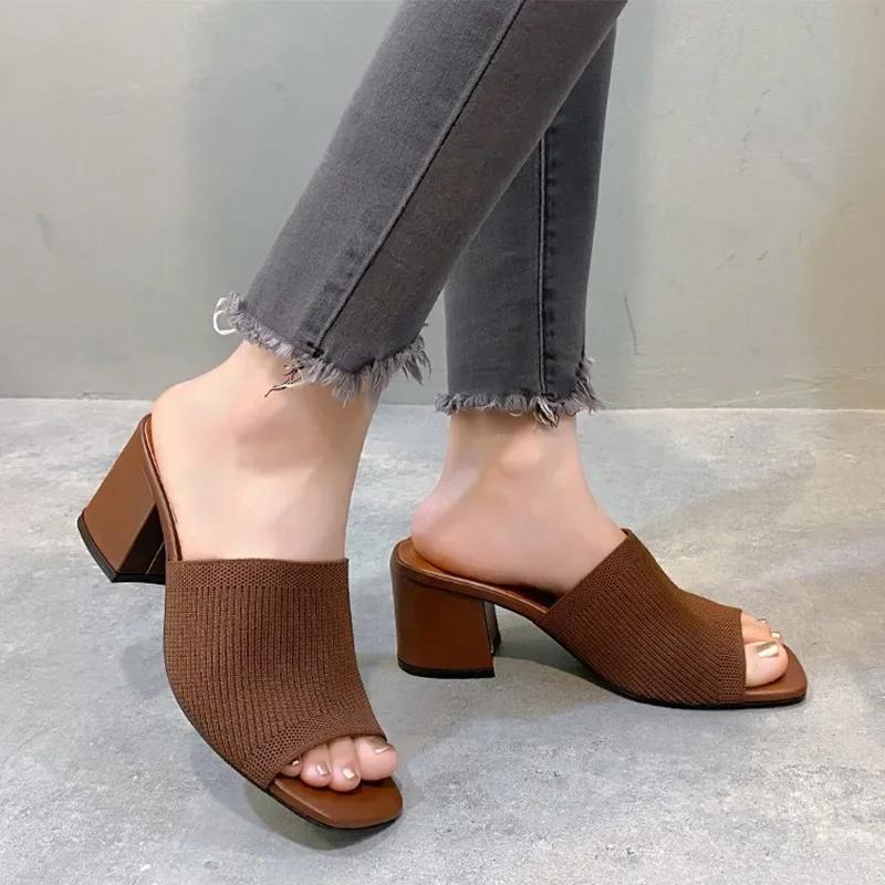 Модные вязаные туфли на высоком каблуке, тапочки, женская обувь, летние босоножки с открытым носком, 2024, модные, новые, пляжные, на массивном каблуке, для ходьбы, zapatos femme, туфли-лодочки