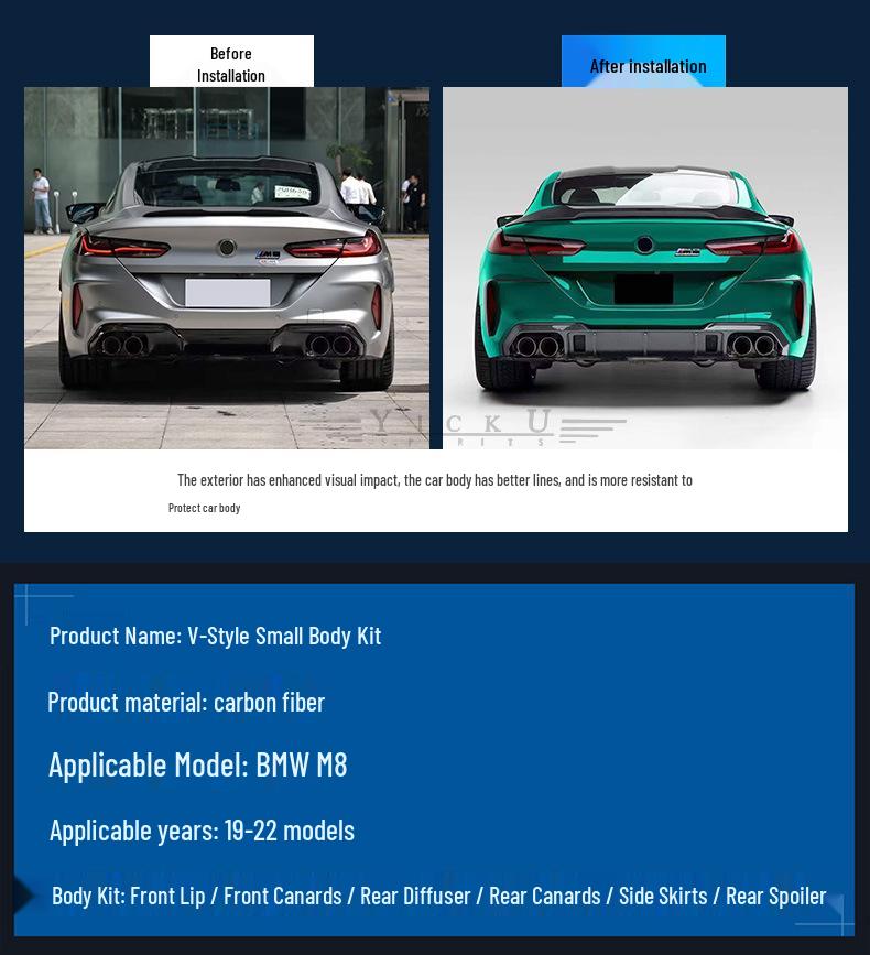 Карбоновый обвес для BMW M8: Передний сплиттер, Пороги, Задний спойлер, Дефлекторы на капот, Стиль V