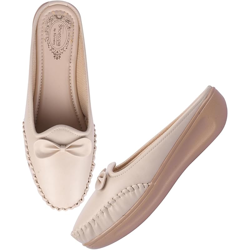 Shoetopia Stylish Comfortable Upper Bow Detailed Cream Slip-On Loafers For Girls-Eu36
