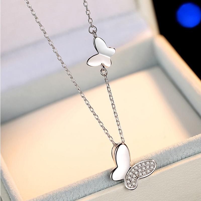 Big Small Two Butterfly Cubic Zirconia 925 Sterling Silver Clavicle Chain Necklace for Women Ladies Korean Dainty Jewelry