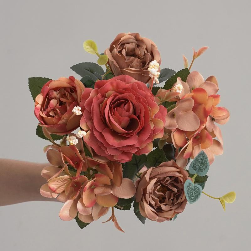 Artificial Fake Flower Bouquet Rose & Hydrangea Silk Flowers for Home Vase Bridal Shower Decor Photo Studio Floral Props