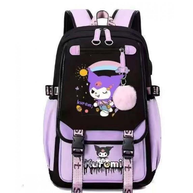 Kuromi Cartoon Backpack Students Teens Large Capacity School Bag USB Charging Port Hiking Travel Cycling
