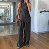 Women's Irregular Hem 2 Piece Outfit Sleeveless Crew Neck Top Wide Leg Pants Lounge Set Summer Casual Tracksuit