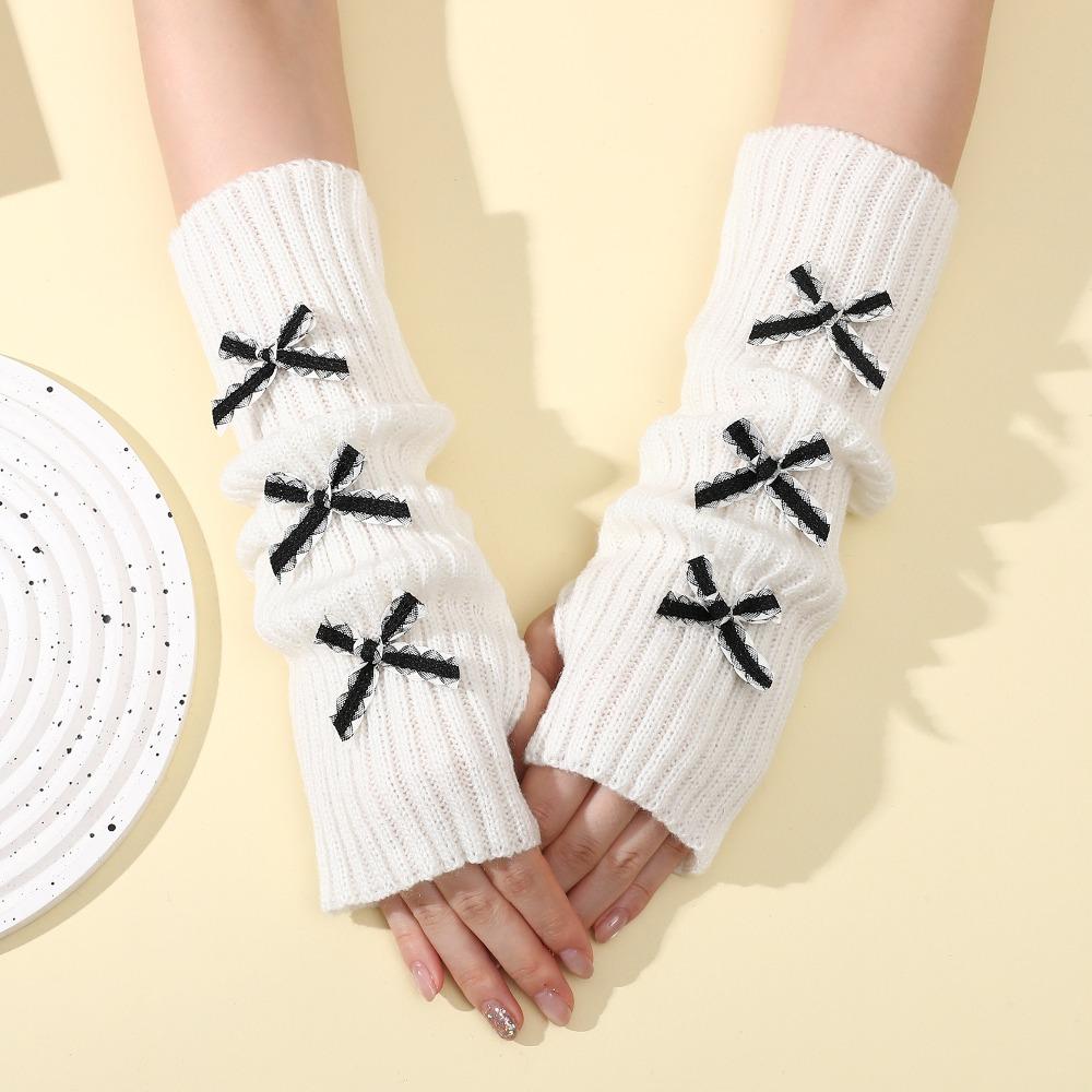 Y2K Bow Fingerless Gloves Thicken Hands Free Gloves Fashion Long Knit Arm Warmers Autumn