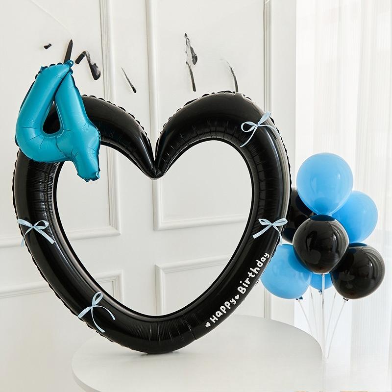 Рамка для фото в форме сердца Фольгированный шар 0-9 Синий номер с наклейками-бантиками для вечеринки по случаю дня рождения в синем стиле, реквизит для фото, свадебный декор из воздушных шаров