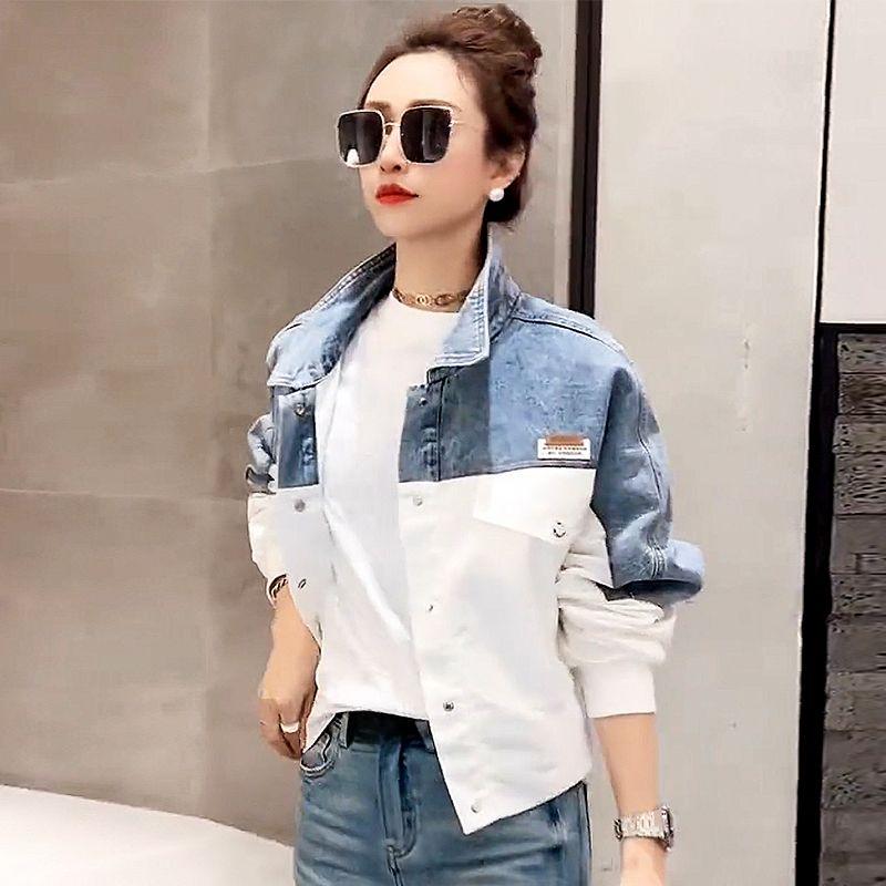 Fashionable Women's Denim Jacket with Contrasting Colors, Spring Autumn Patchwork Coat