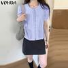 Women Lace-up V Neck Puff Sleeve Buttons Up Ruffled Casual Blouse
