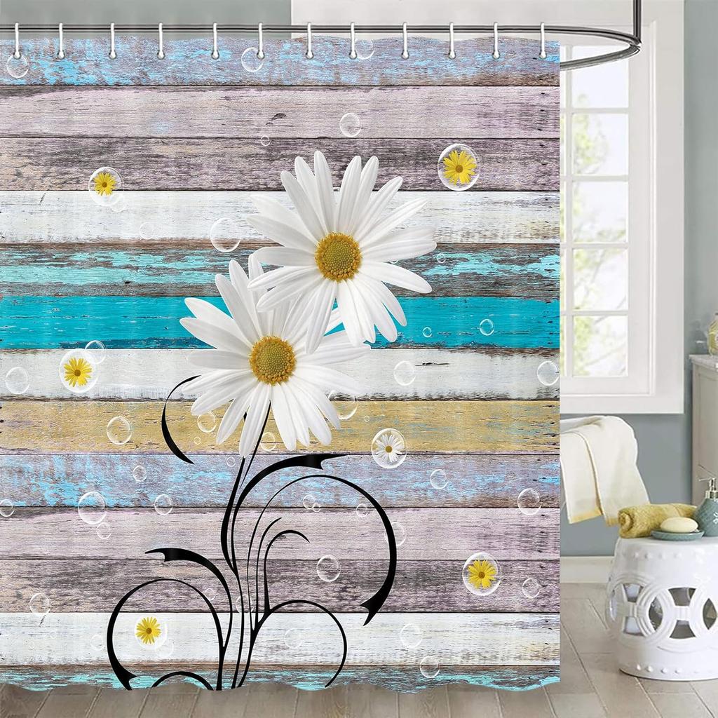 Daisy Shower Curtain Set - Rustic Farmhouse Floral with White/Yellow Blooms, Spring Botanical Bath Decor, Multi-Size Options