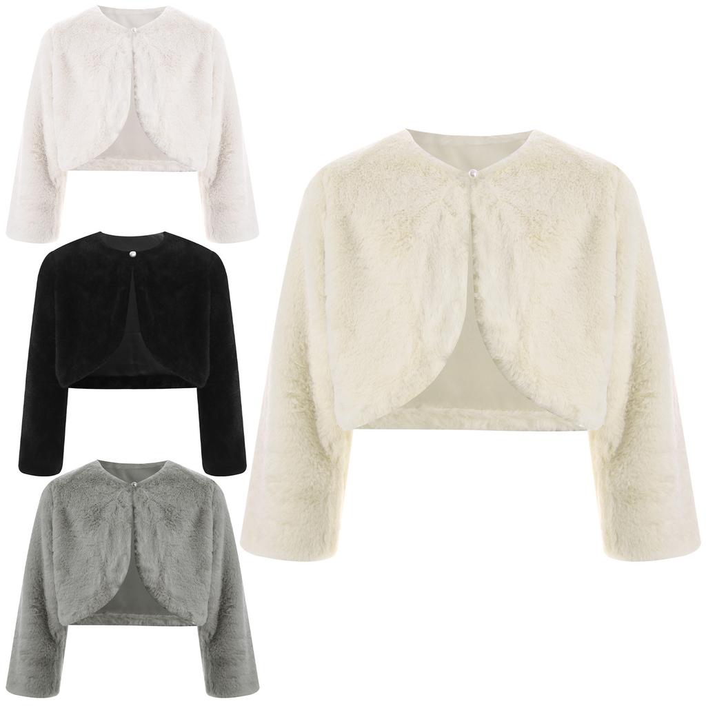 Детская куртка-болеро из искусственного меха для девочек, с длинными рукавами, открытая спереди, укороченная накидка, пальто, верхняя одежда