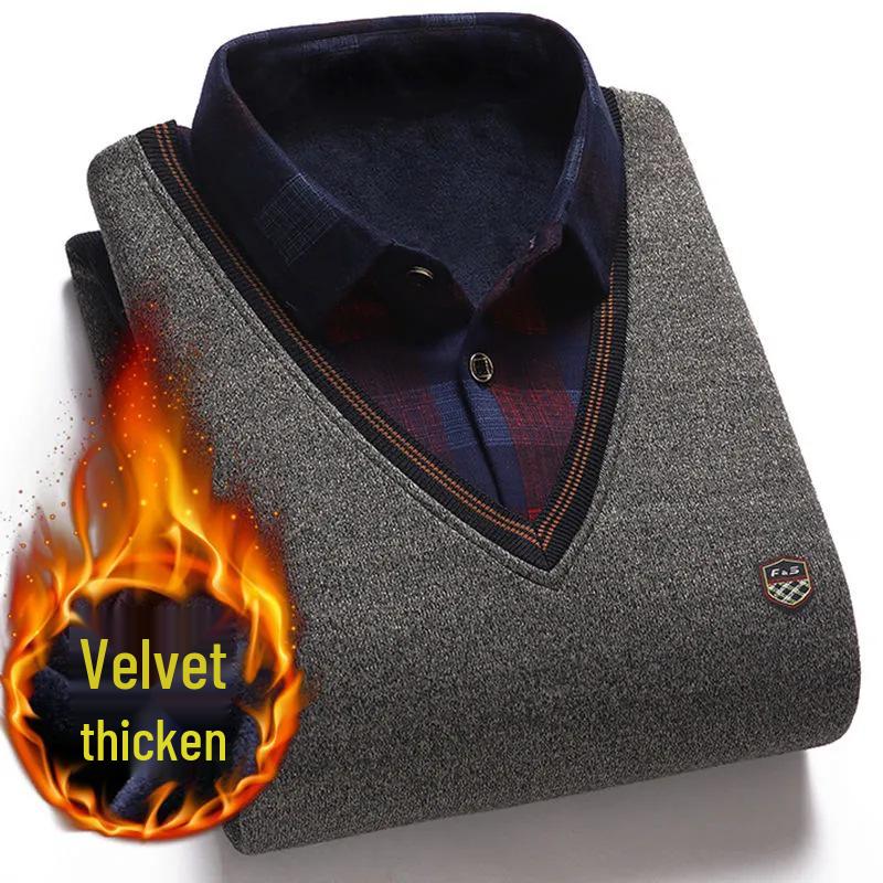 Мужской флисовый двухпредметный свитер с воротником-рубашкой для среднего и пожилого возраста