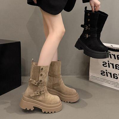 Women's British-Style Thick-Soled Buckle Boots: Versatile, Height-Boosting Short Knight Boots for Spring/Autumn In Small Sizes