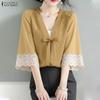 Женская повседневная блузка с V-образным вырезом, кружевной вставкой и рукавами 3/4