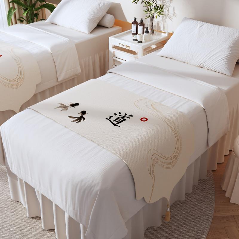 Beauty Salon Chinese Bed Flag Dust Proof Bed Cover Massage Foot Massage Bed End Towel Zen Inspired Decorative Long Bed Blanket Tassel Linen Fabric