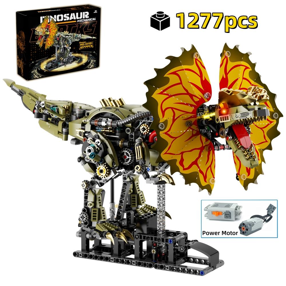 1277Pcs Mechanical Dinosaur Blocks Dual Crested Dilophosaurus Light Up Moving Model Jurassic Decor Creative Gift Set