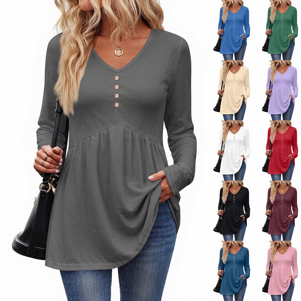 Women's Casual Fashion V-Neck Button Solid Color Long Sleeve Top