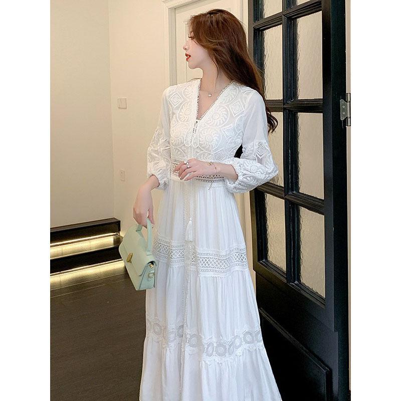 Женское весенне-летнее повседневное длинное платье с цветочным принтом, кружевное платье с V-образным вырезом и длинным рукавом, модное праздничное макси-платье, элегантная классика, универсальность