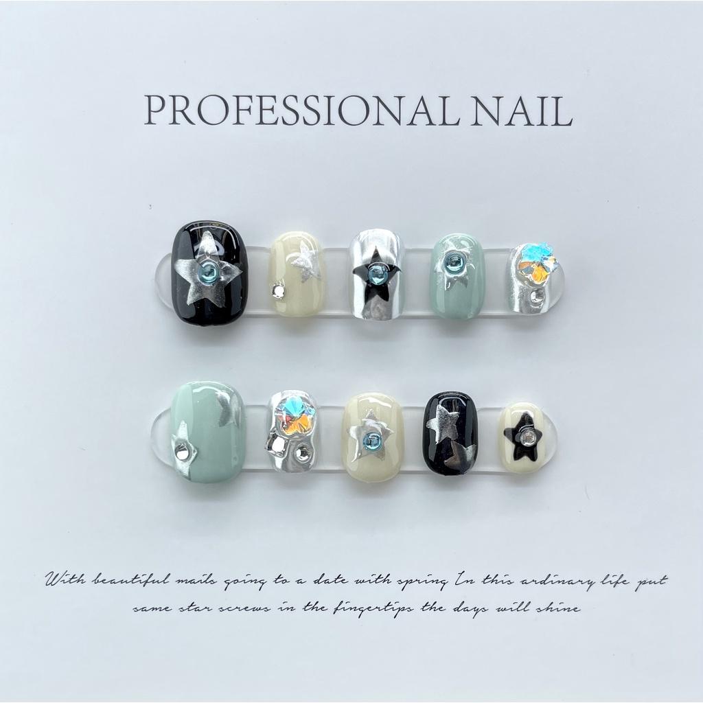 HANDMADE Artificial Nail Contrasting Stars Fantasy Interstellar Phototherapy Nails Reusable and Removable Nails