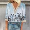 Женская модная футболка с V-образным вырезом и кружевным винтажным цветочным принтом, повседневный топ с семью рукавами