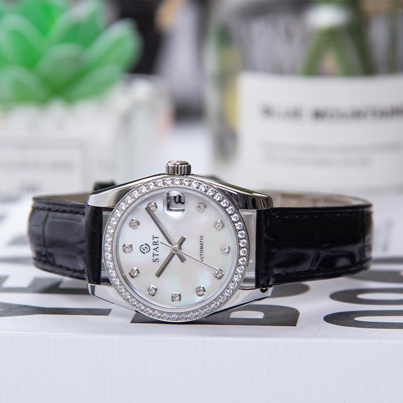 Start Женские часы с перламутровым циферблатом, модные повседневные автоматические механические часы, водонепроницаемые кожаные часы с функцией даты